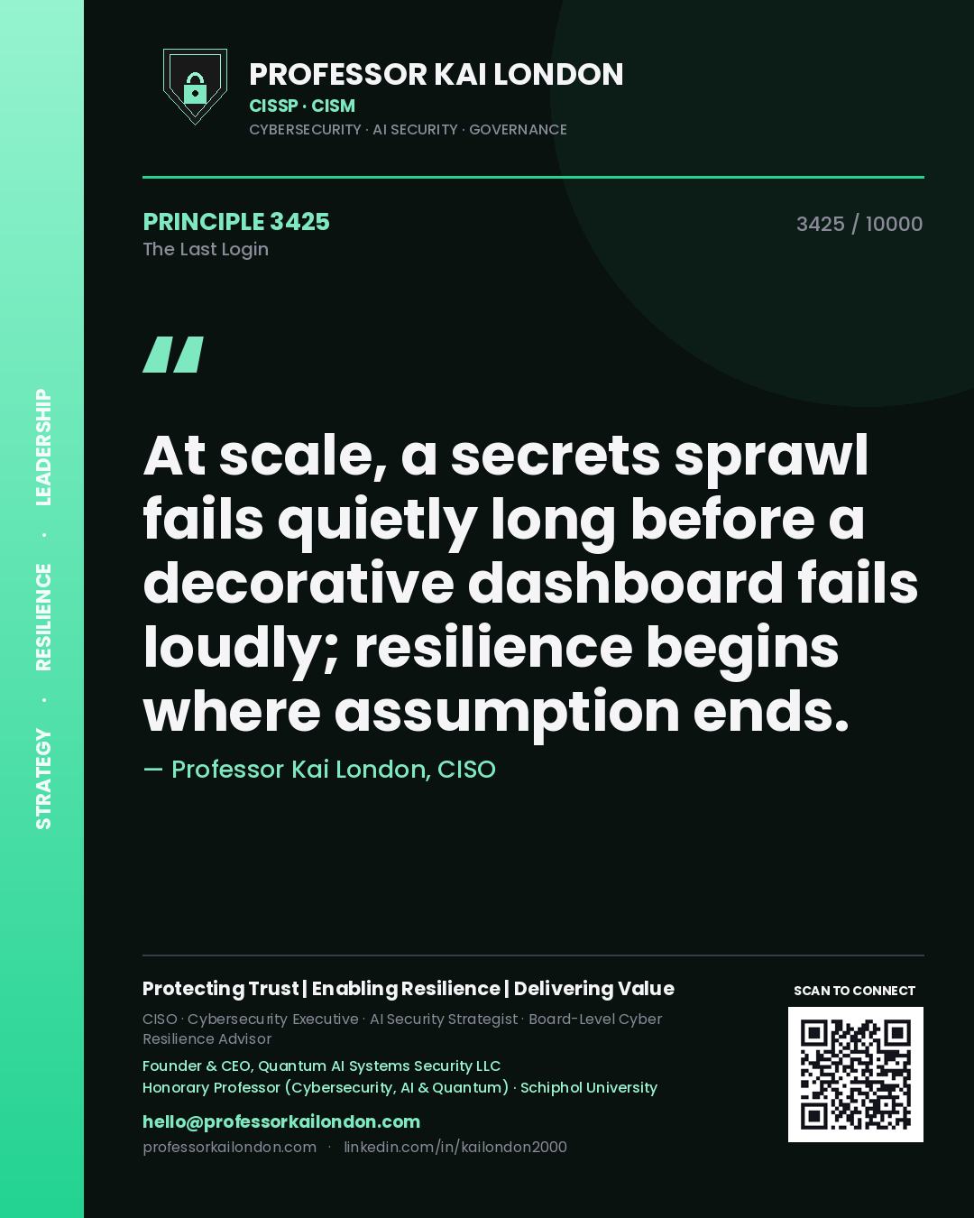 Quote card by Professor Kai London reading 'At scale, a secrets sprawl fails quietly long before a decorative dashboard fails loudly; resilience begins where assumption ends.'. From the book The Last Login.