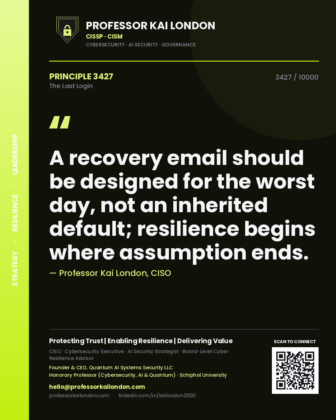 Quote card by Professor Kai London reading 'A recovery email should be designed for the worst day, not an inherited default; resilience begins where assumption ends.'. From the book The Last Login.