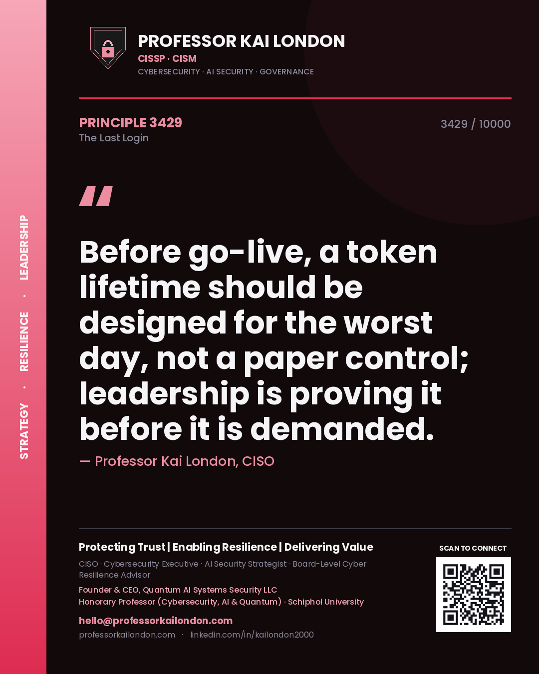 Quote card by Professor Kai London reading 'Before go-live, a token lifetime should be designed for the worst day, not a paper control; leadership is proving it before it is demanded.'. From the book The Last Login.