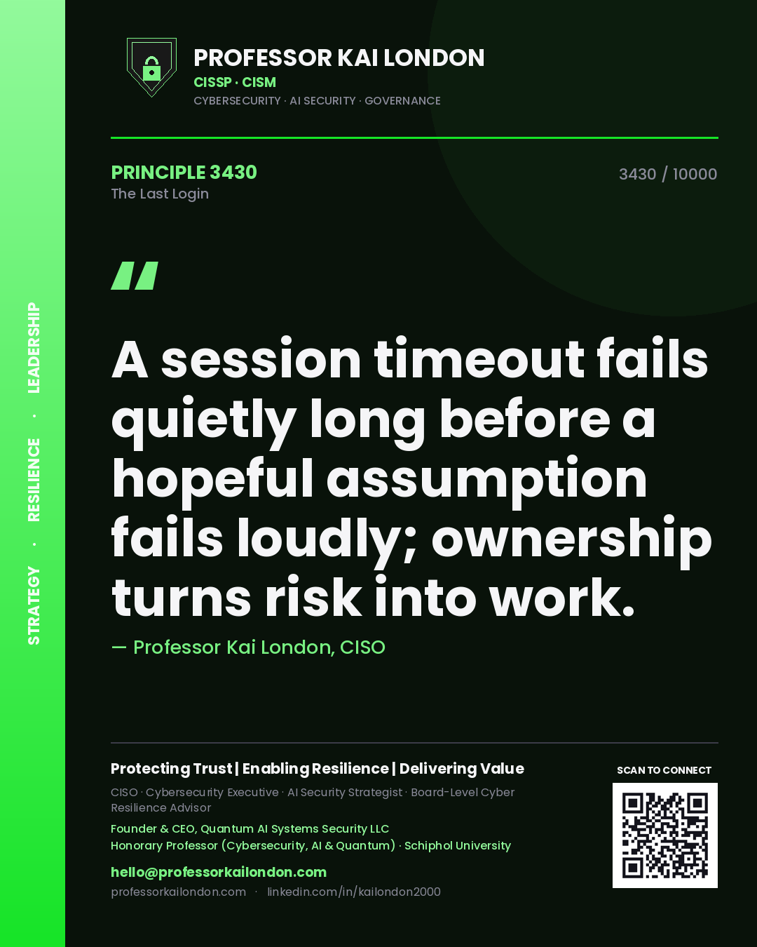 Quote card by Professor Kai London reading 'A session timeout fails quietly long before a hopeful assumption fails loudly; ownership turns risk into work.'. From the book The Last Login.