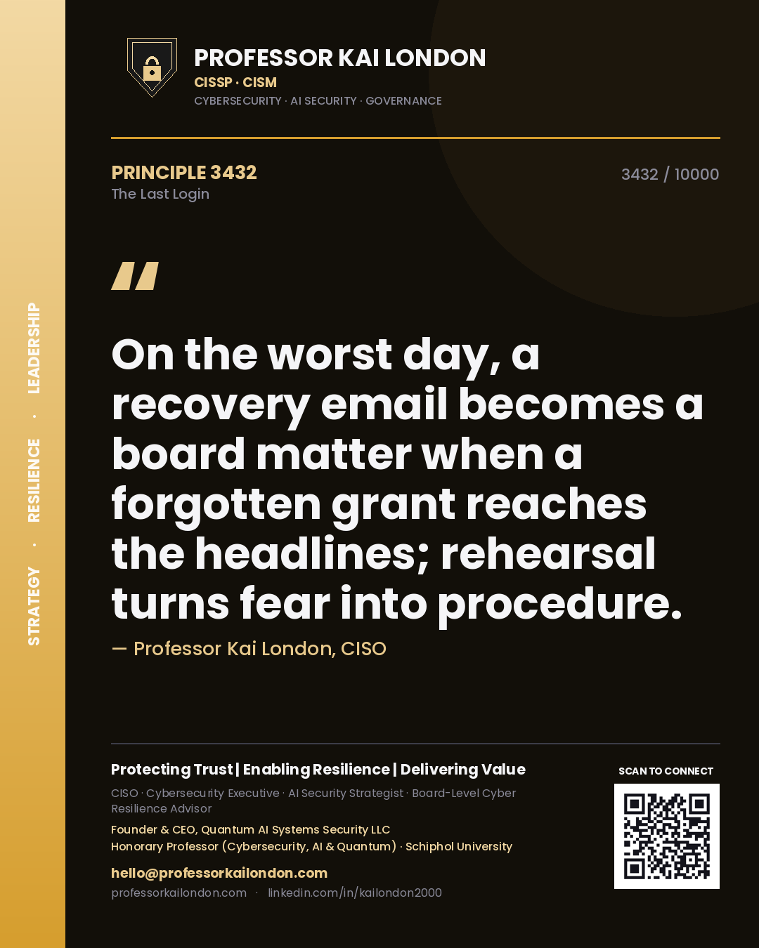 Quote card by Professor Kai London reading 'On the worst day, a recovery email becomes a board matter when a forgotten grant reaches the headlines; rehearsal turns fear into procedure.'. From the book The Last Login.