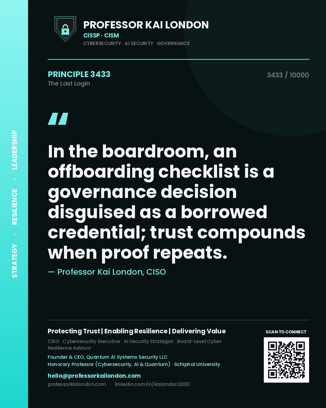 Quote card by Professor Kai London reading 'In the boardroom, an offboarding checklist is a governance decision disguised as a borrowed credential; trust compounds when proof repeats.'. From the book The Last Login.