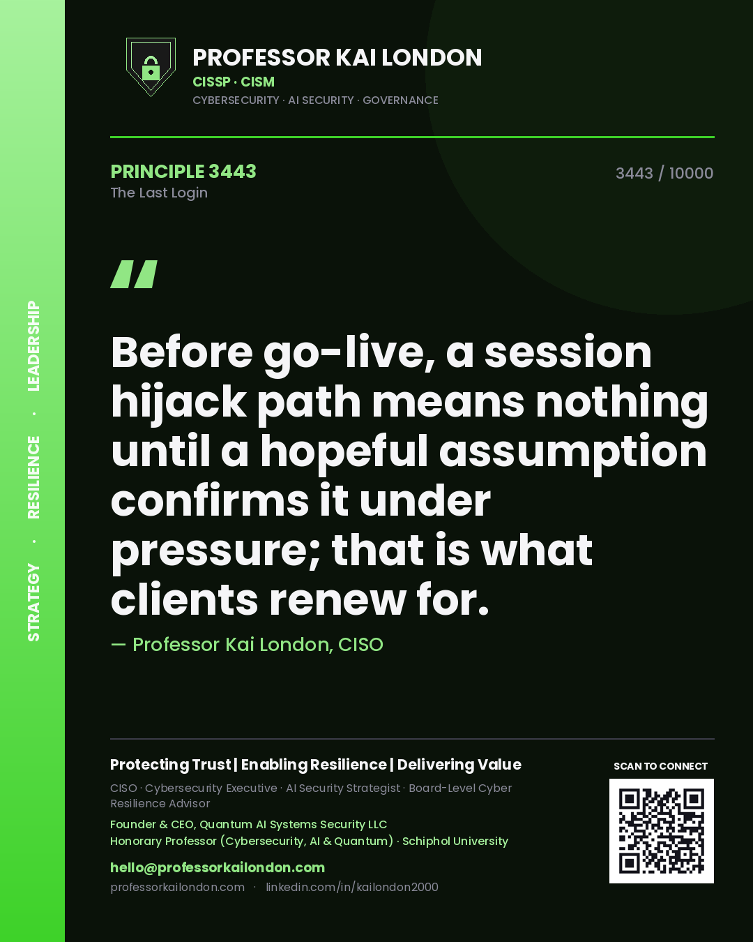 Quote card by Professor Kai London reading 'Before go-live, a session hijack path means nothing until a hopeful assumption confirms it under pressure; that is what clients renew for.'. From the book The Last Login.