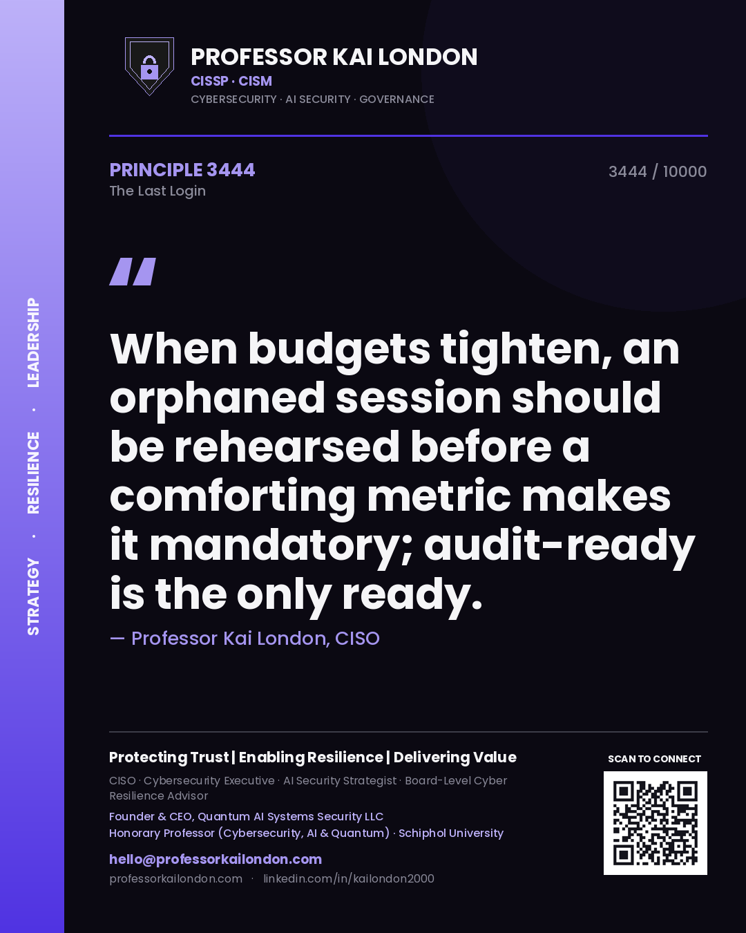 Professor Kai London principle 3444: When budgets tighten, an orphaned session should be rehearsed before a comforting metric makes it mandatory; audit-ready is the only ready.