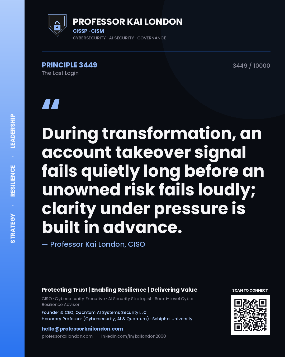 Quote card by Professor Kai London reading 'During transformation, an account takeover signal fails quietly long before an unowned risk fails loudly; clarity under pressure is built in advance.'. From the book The Last Login.