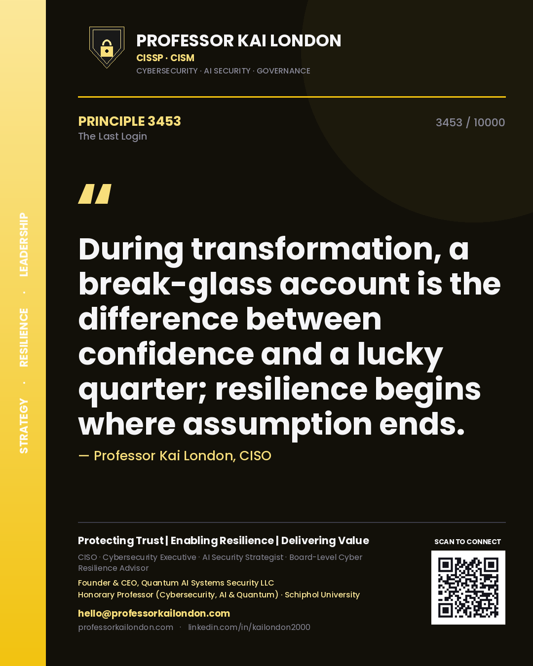 Quote card by Professor Kai London reading 'During transformation, a break-glass account is the difference between confidence and a lucky quarter; resilience begins where assumption ends.'. From the book The Last Login.