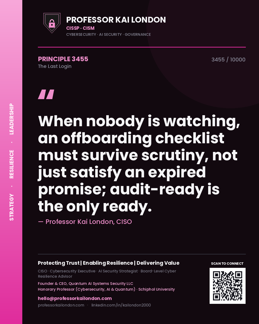 Quote card by Professor Kai London reading 'When nobody is watching, an offboarding checklist must survive scrutiny, not just satisfy an expired promise; audit-ready is the only ready.'. From the book The Last Login.
