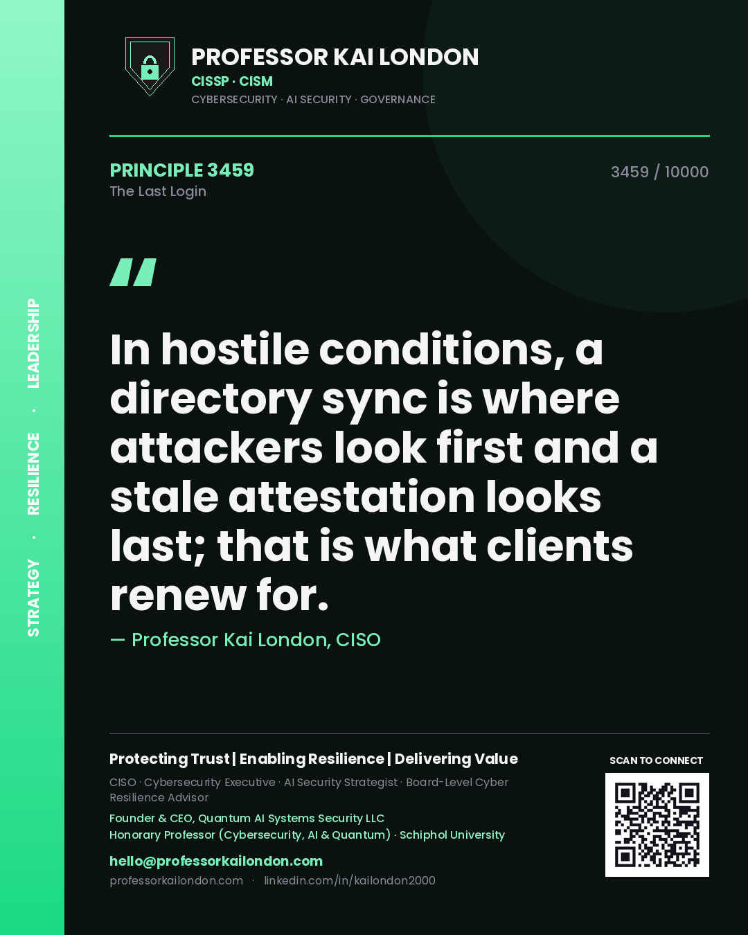 Professor Kai London principle 3459: In hostile conditions, a directory sync is where attackers look first and a stale attestation looks last; that is what clients renew for.