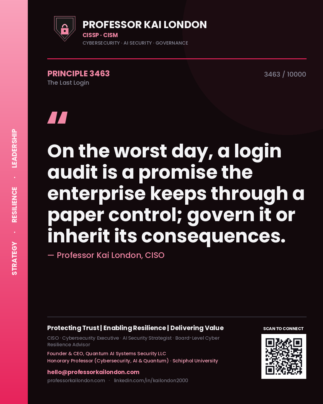 Quote card by Professor Kai London reading 'On the worst day, a login audit is a promise the enterprise keeps through a paper control; govern it or inherit its consequences.'. From the book The Last Login.