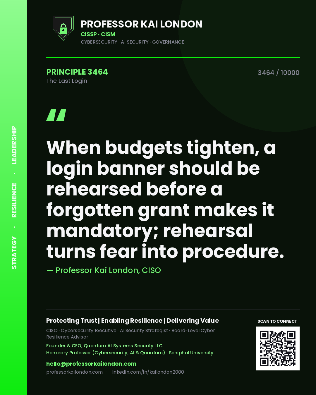 Quote card by Professor Kai London reading 'When budgets tighten, a login banner should be rehearsed before a forgotten grant makes it mandatory; rehearsal turns fear into procedure.'. From the book The Last Login.