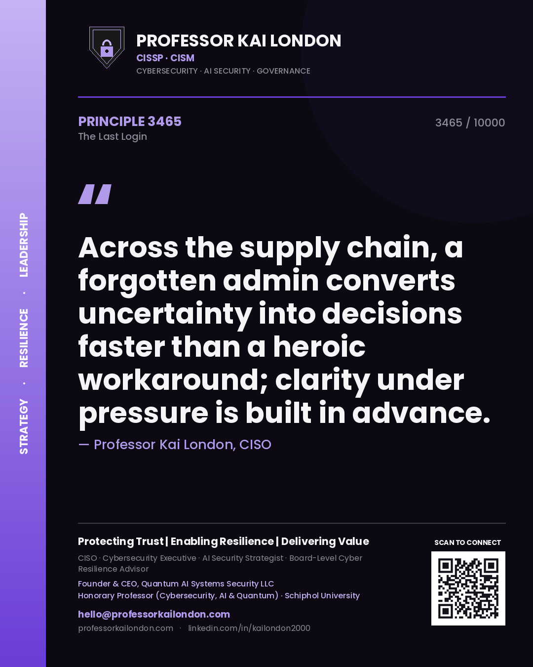 Quote card by Professor Kai London reading 'Across the supply chain, a forgotten admin converts uncertainty into decisions faster than a heroic workaround; clarity under pressure is built in advance.'. From the book The Last Login.