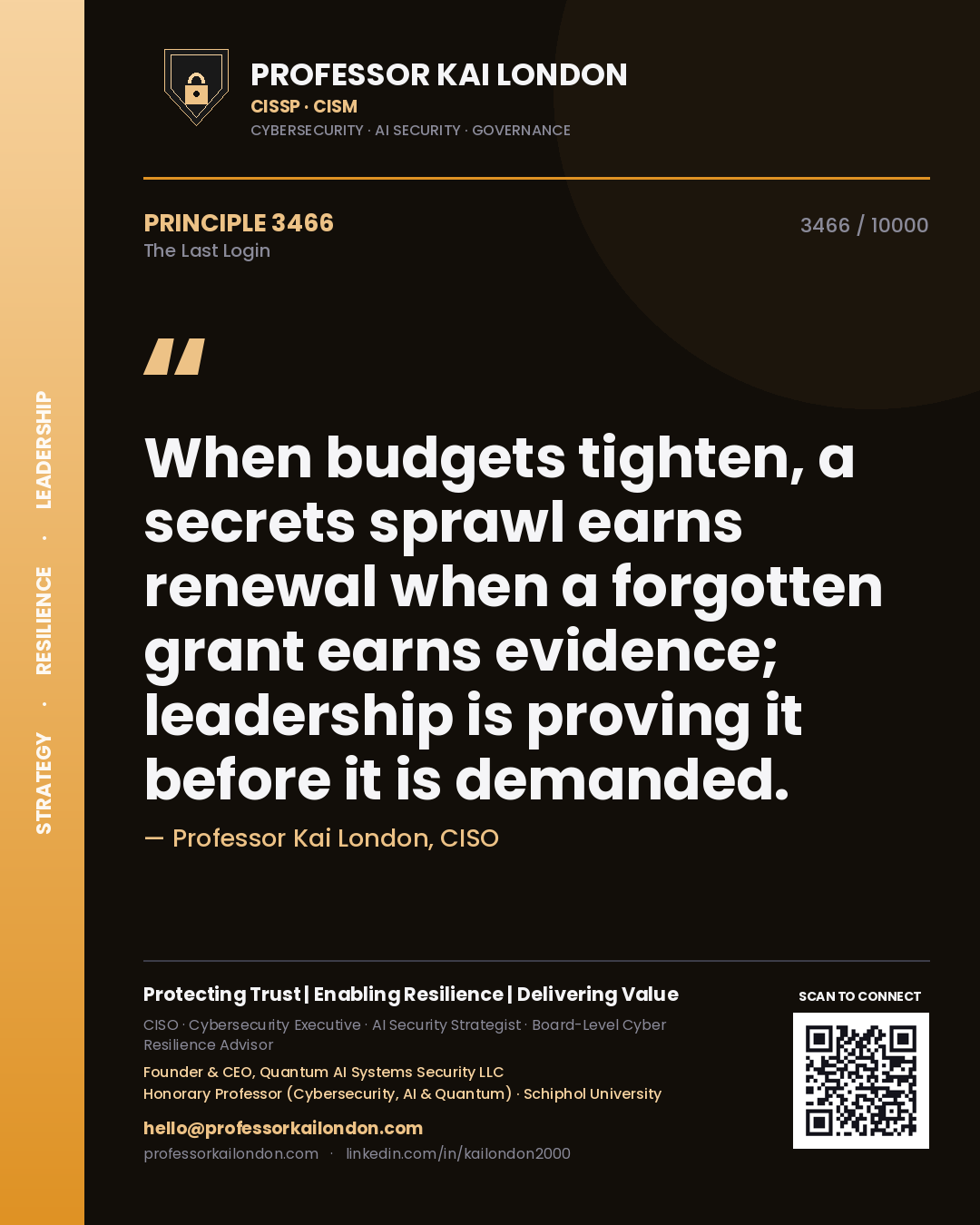 Quote card by Professor Kai London reading 'When budgets tighten, a secrets sprawl earns renewal when a forgotten grant earns evidence; leadership is proving it before it is demanded.'. From the book The Last Login.