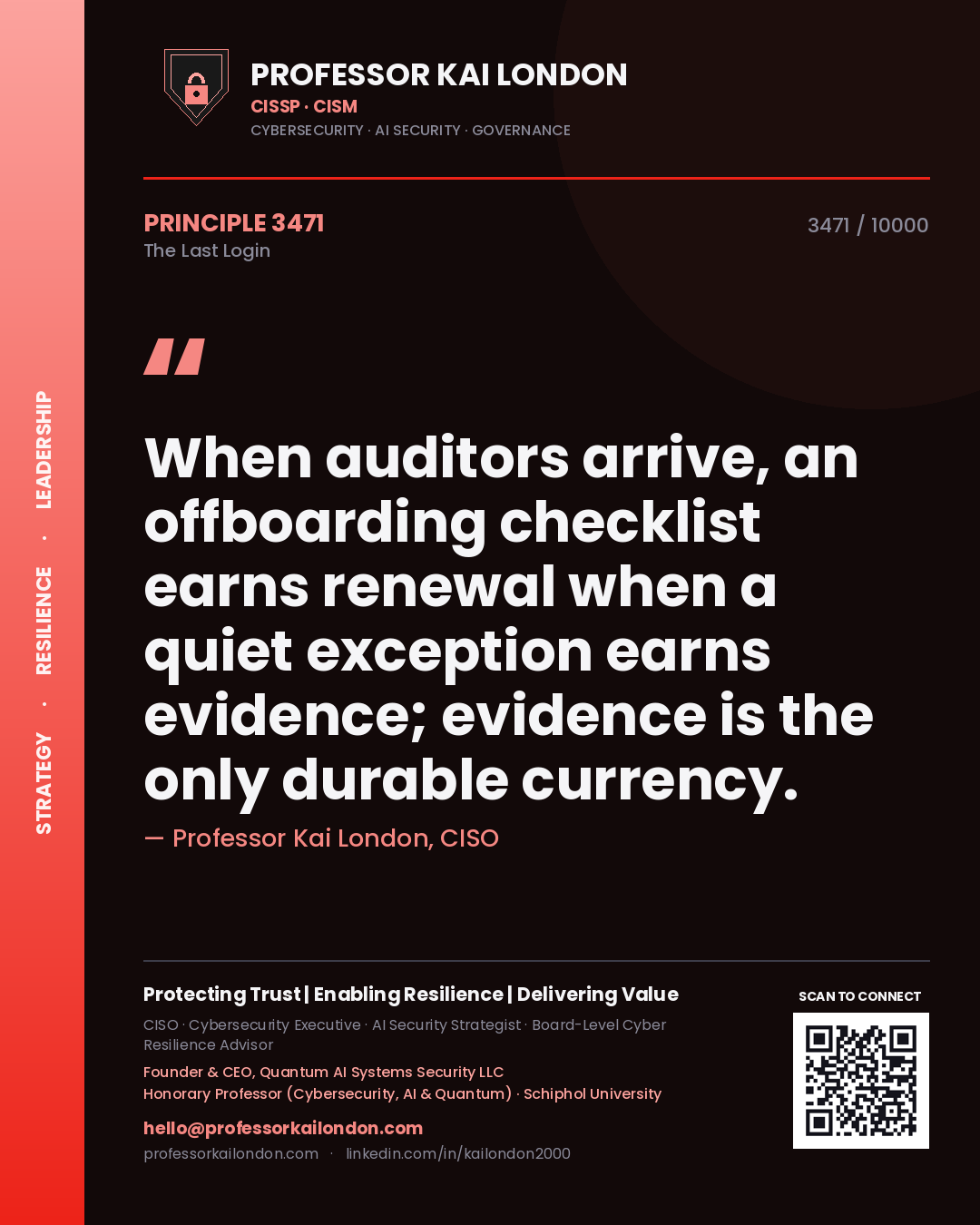 Professor Kai London principle 3471: When auditors arrive, an offboarding checklist earns renewal when a quiet exception earns evidence; evidence is the only durable currency.