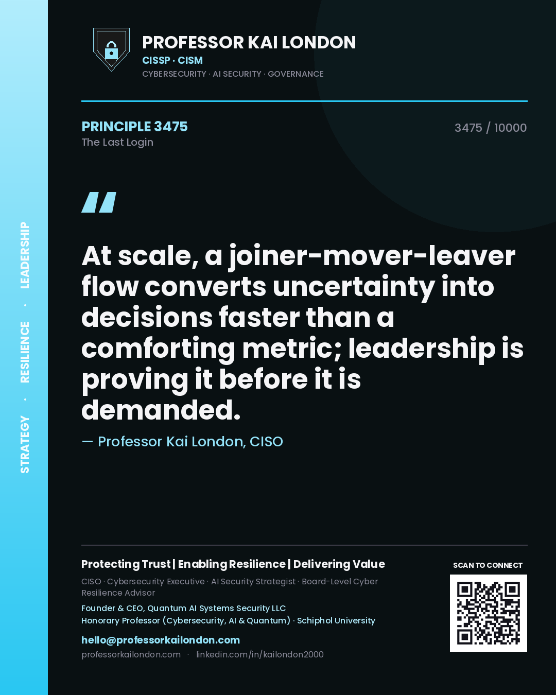 Quote card by Professor Kai London reading 'At scale, a joiner-mover-leaver flow converts uncertainty into decisions faster than a comforting metric; leadership is proving it before it is demanded.'. From the book The Last Login.