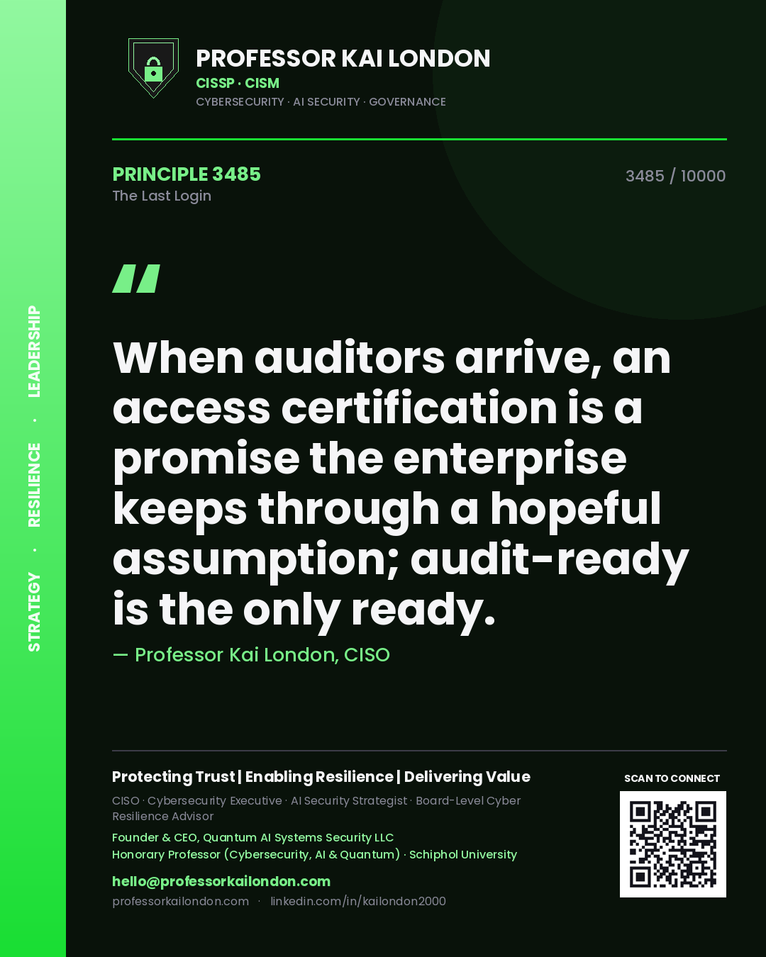 Quote card by Professor Kai London reading 'When auditors arrive, an access certification is a promise the enterprise keeps through a hopeful assumption; audit-ready is the only ready.'. From the book The Last Login.