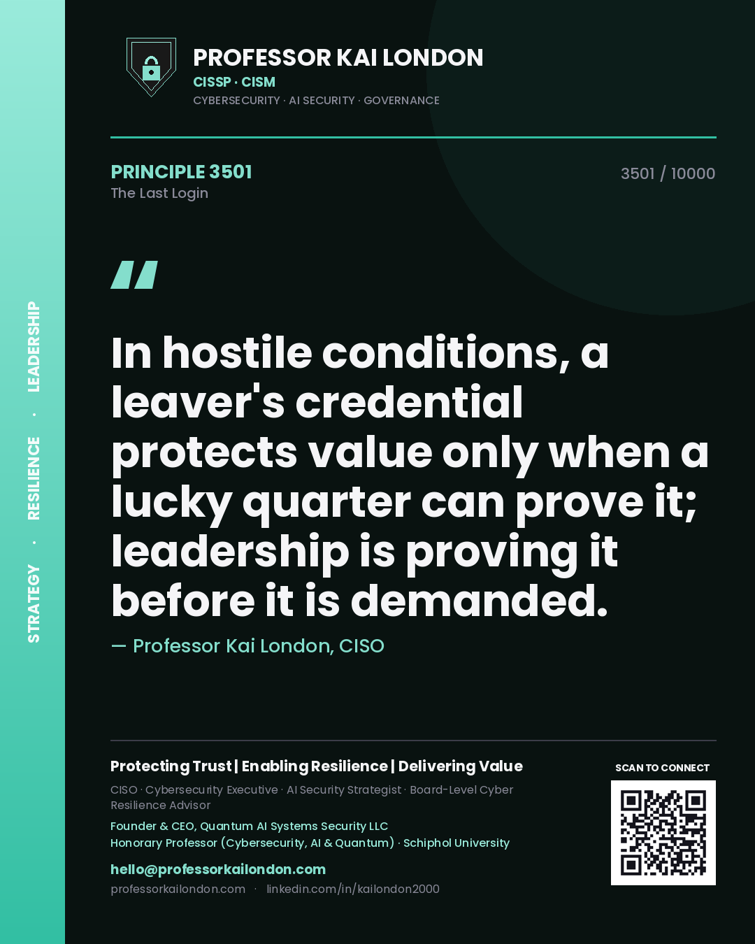 Quote card by Professor Kai London reading 'In hostile conditions, a leaver's credential protects value only when a lucky quarter can prove it; leadership is proving it before it is demanded.'. From the book The Last Login.
