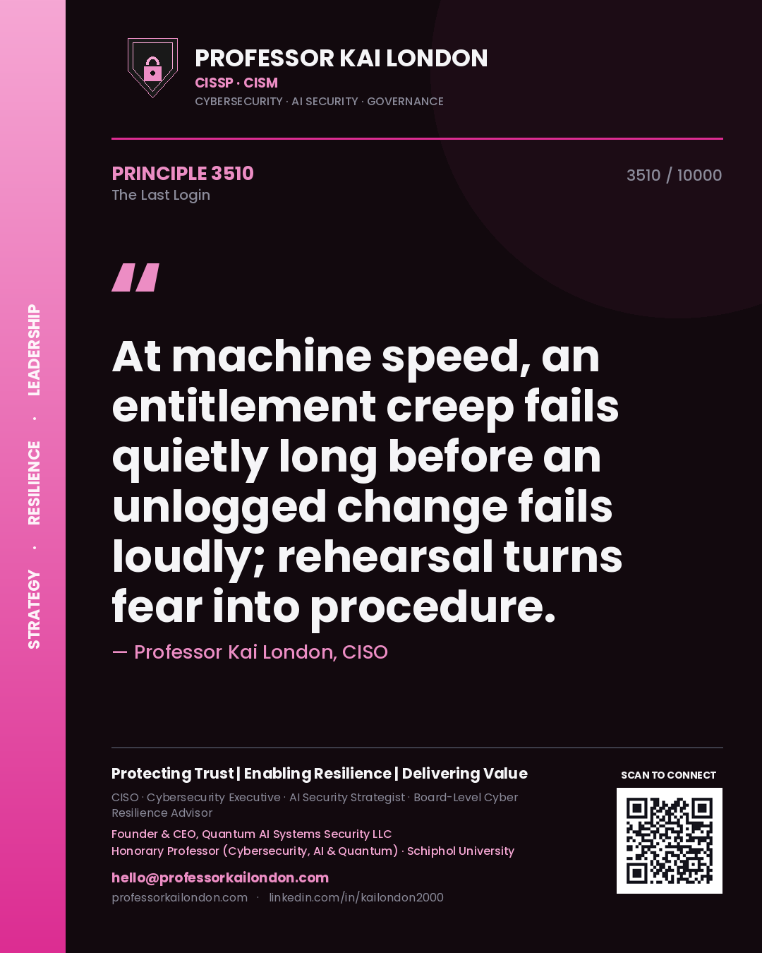 Professor Kai London principle 3510: At machine speed, an entitlement creep fails quietly long before an unlogged change fails loudly; rehearsal turns fear into procedure.