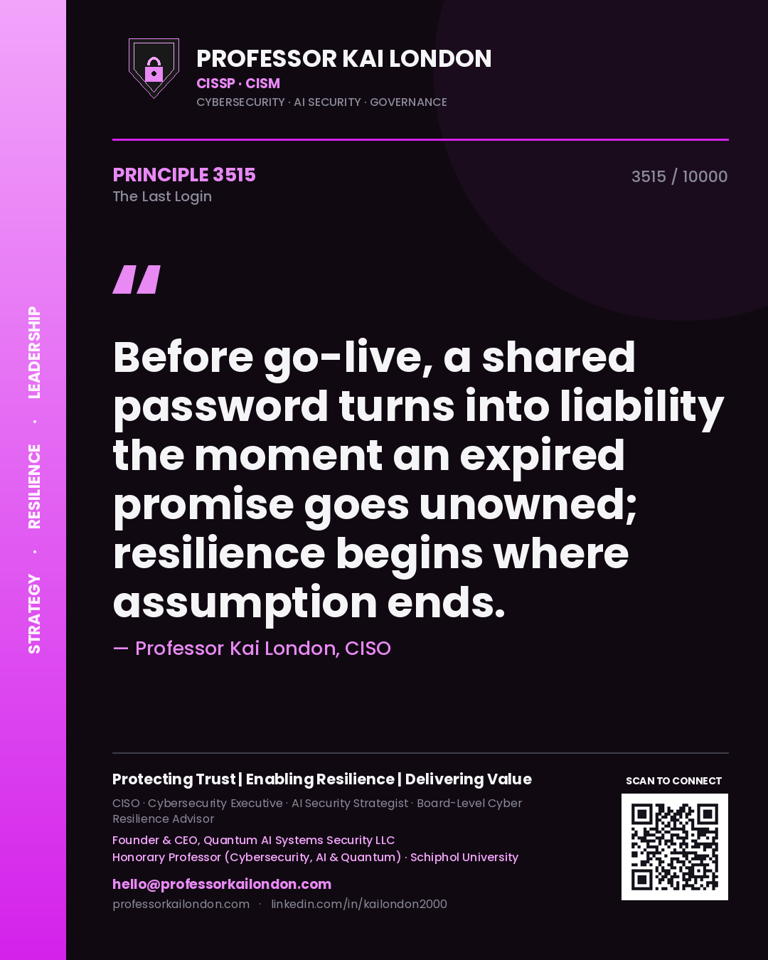 Professor Kai London principle 3515: Before go-live, a shared password turns into liability the moment an expired promise goes unowned; resilience begins where assumption ends.