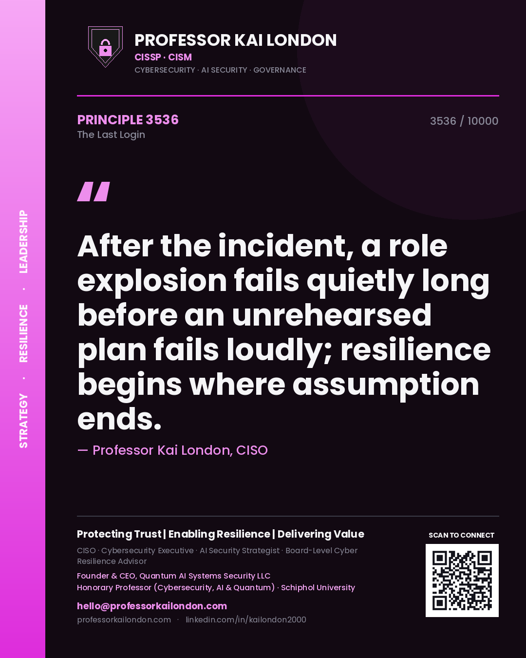 Professor Kai London principle 3536: After the incident, a role explosion fails quietly long before an unrehearsed plan fails loudly; resilience begins where assumption ends.