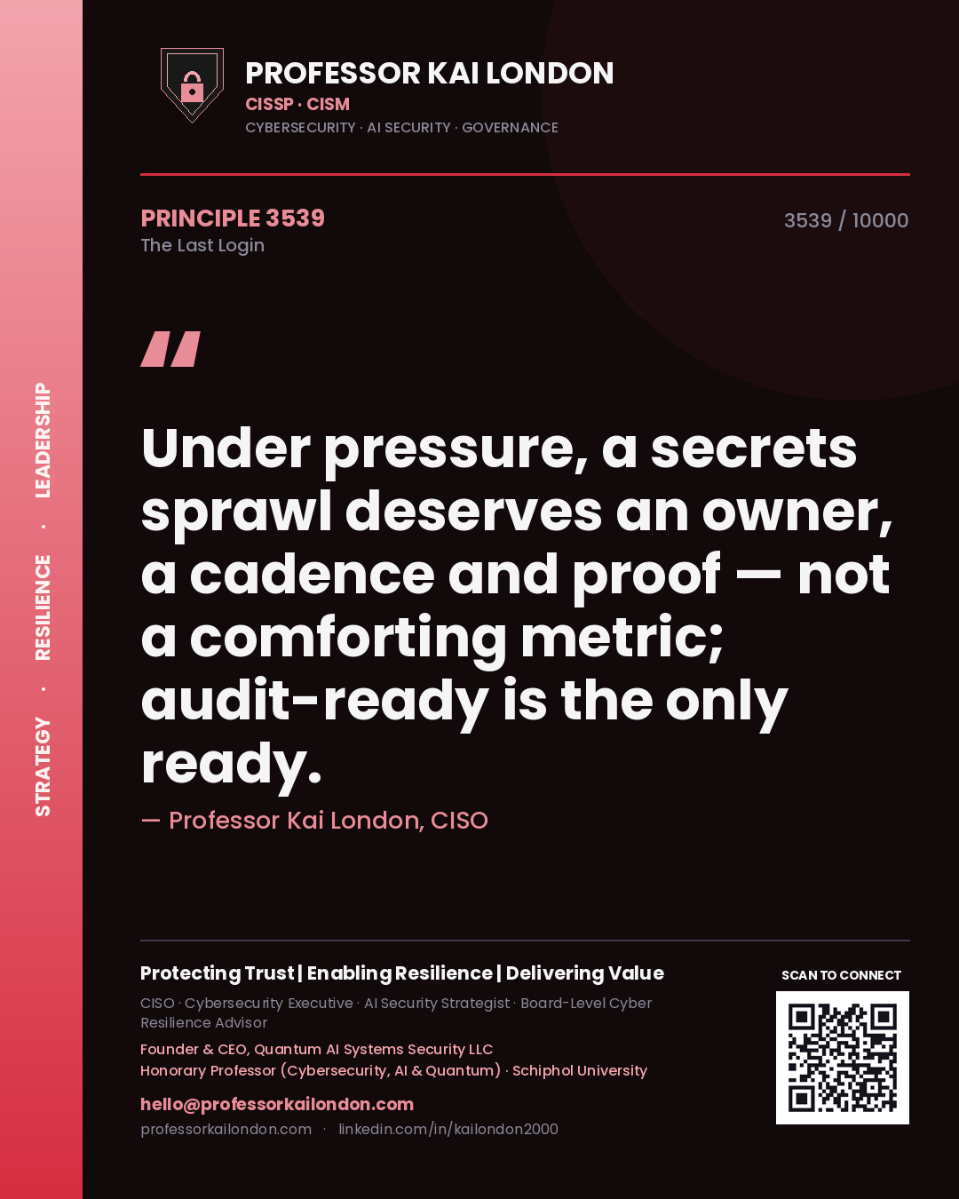 Professor Kai London principle 3539: Under pressure, a secrets sprawl deserves an owner, a cadence and proof — not a comforting metric; audit-ready is the only ready.