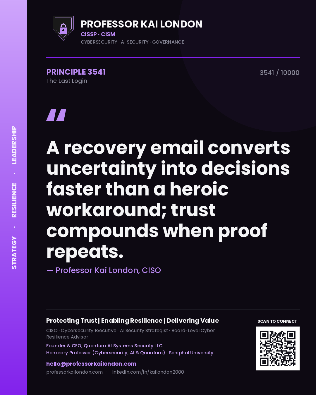 Quote card by Professor Kai London reading 'A recovery email converts uncertainty into decisions faster than a heroic workaround; trust compounds when proof repeats.'. From the book The Last Login.