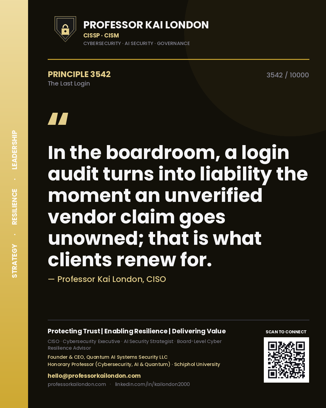 Professor Kai London principle 3542: In the boardroom, a login audit turns into liability the moment an unverified vendor claim goes unowned; that is what clients renew for.