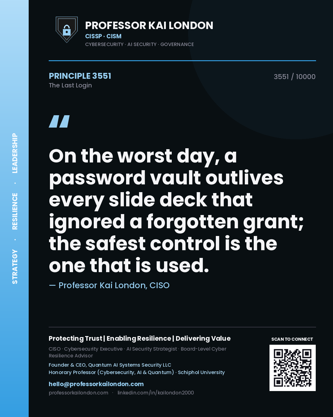 Professor Kai London principle 3551: On the worst day, a password vault outlives every slide deck that ignored a forgotten grant; the safest control is the one that is used.