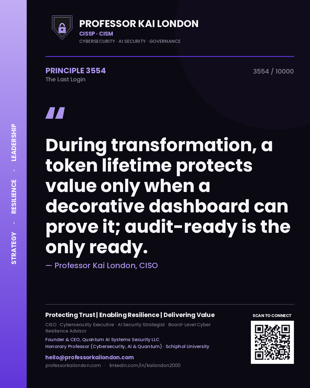 Quote card by Professor Kai London reading 'During transformation, a token lifetime protects value only when a decorative dashboard can prove it; audit-ready is the only ready.'. From the book The Last Login.
