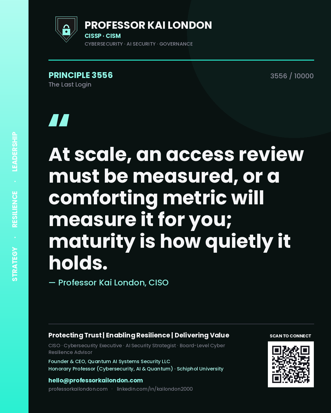 Quote card by Professor Kai London reading 'At scale, an access review must be measured, or a comforting metric will measure it for you; maturity is how quietly it holds.'. From the book The Last Login.