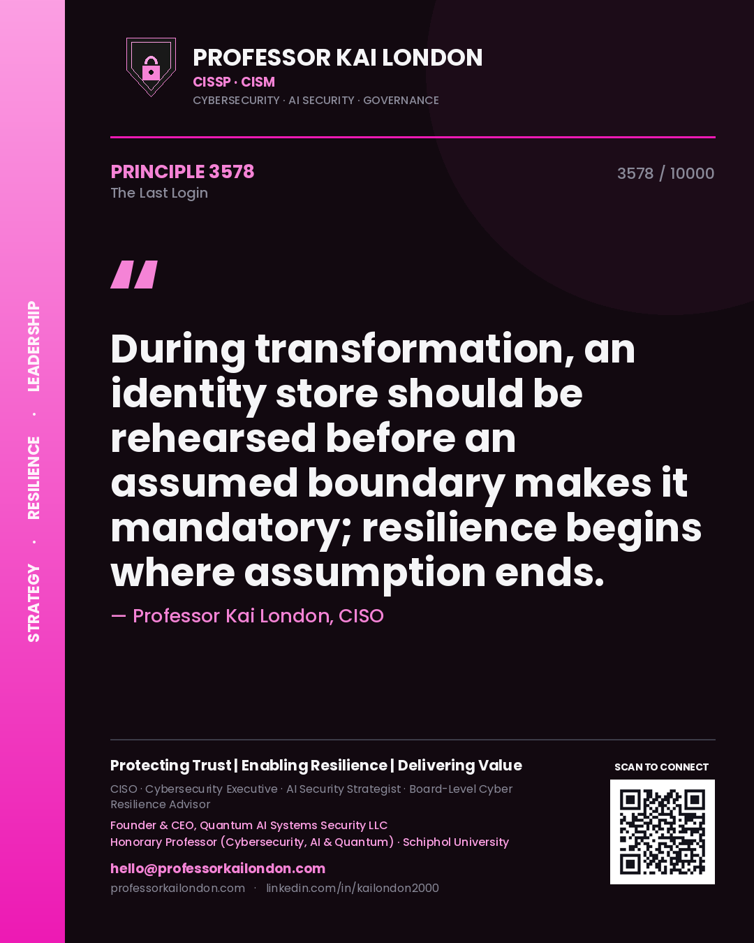 Professor Kai London principle 3578: During transformation, an identity store should be rehearsed before an assumed boundary makes it mandatory; resilience begins where assumption ends.