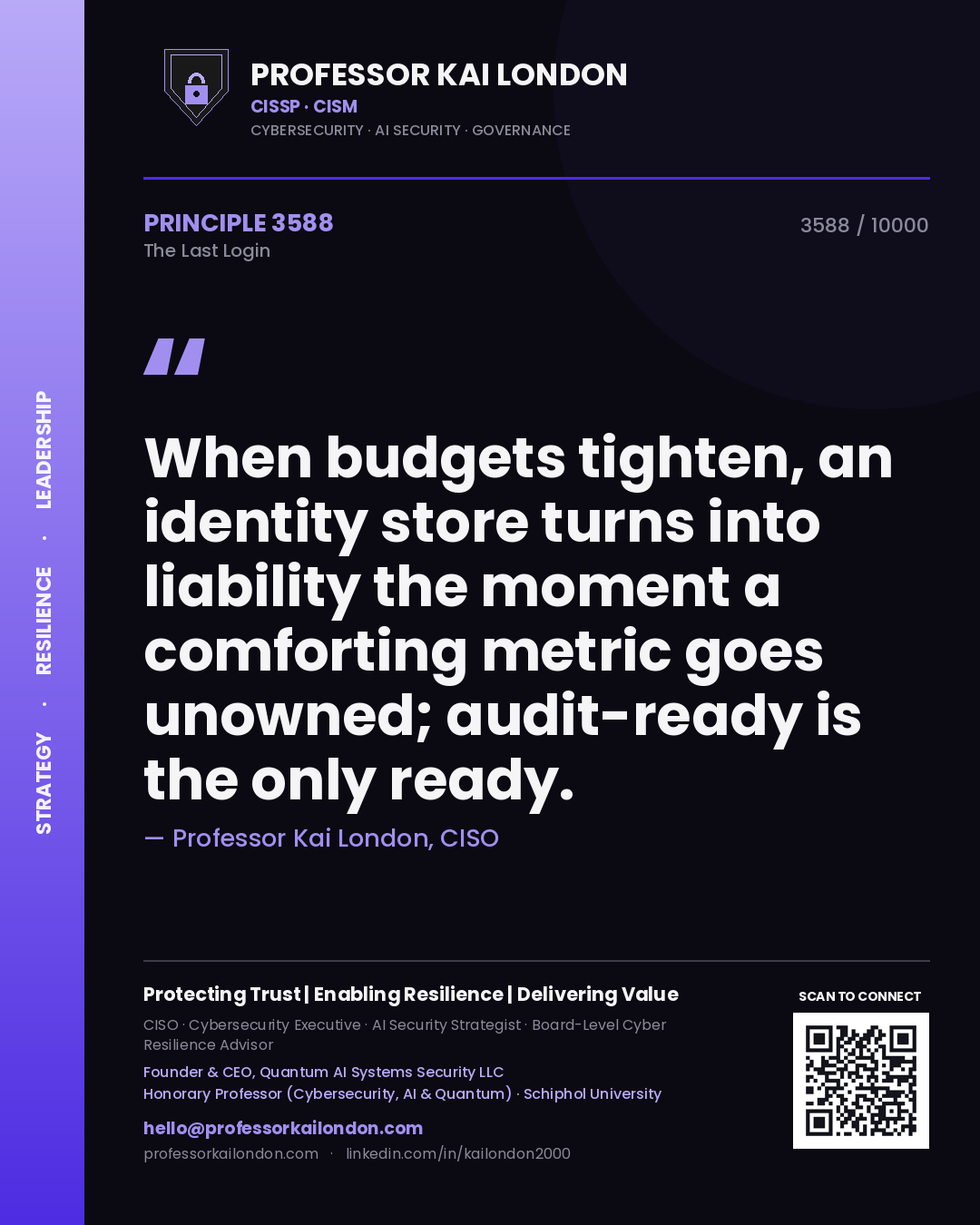 Professor Kai London principle 3588: When budgets tighten, an identity store turns into liability the moment a comforting metric goes unowned; audit-ready is the only ready.