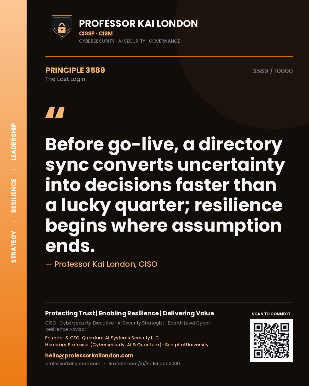 Professor Kai London principle 3589: Before go-live, a directory sync converts uncertainty into decisions faster than a lucky quarter; resilience begins where assumption ends.