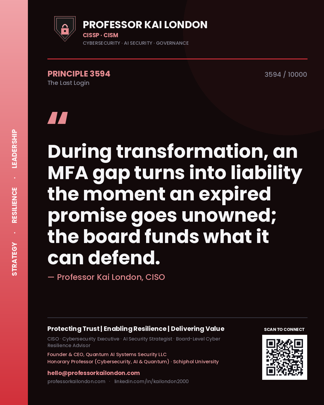 Professor Kai London principle 3594: During transformation, an MFA gap turns into liability the moment an expired promise goes unowned; the board funds what it can defend.