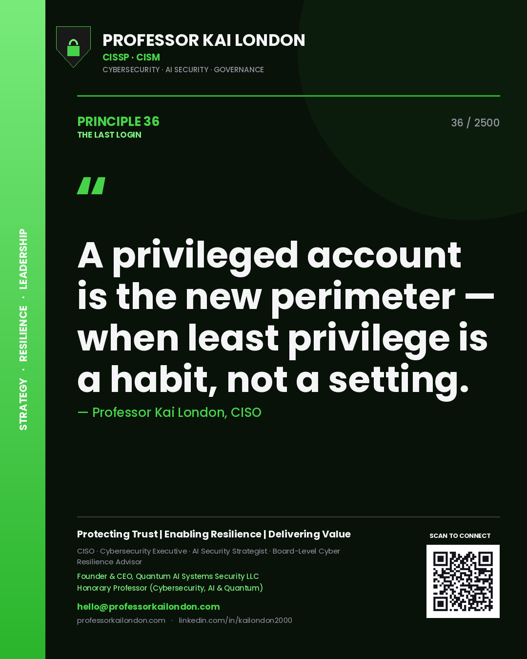 Quote card by Professor Kai London reading 'A privileged account is the new perimeter — when least privilege is a habit, not a setting.'. From the book The Last Login.
