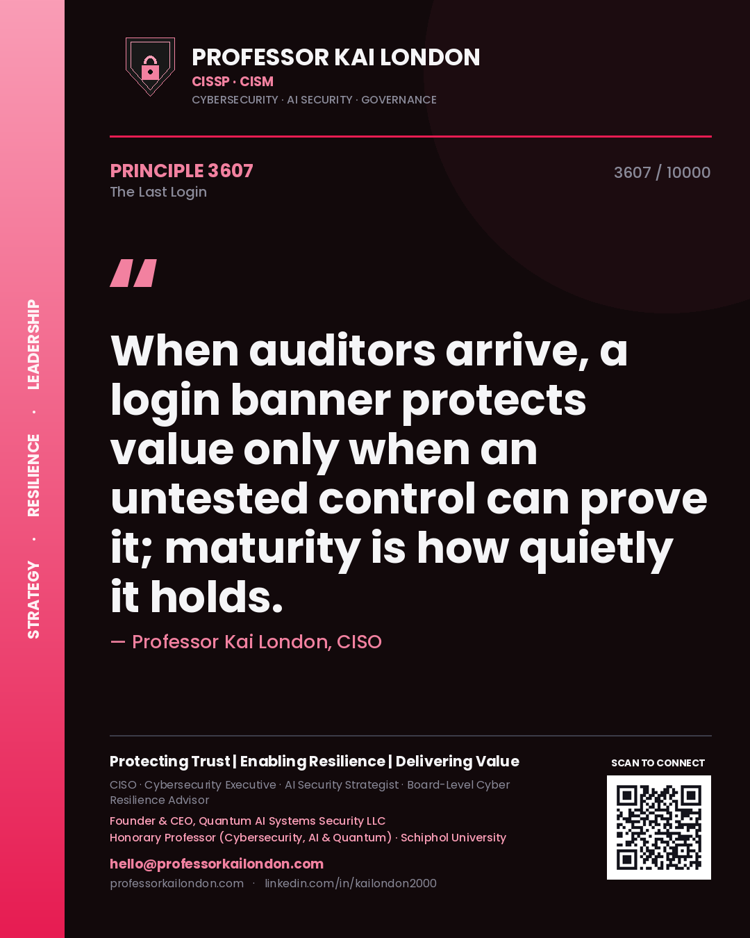 Professor Kai London principle 3607: When auditors arrive, a login banner protects value only when an untested control can prove it; maturity is how quietly it holds.