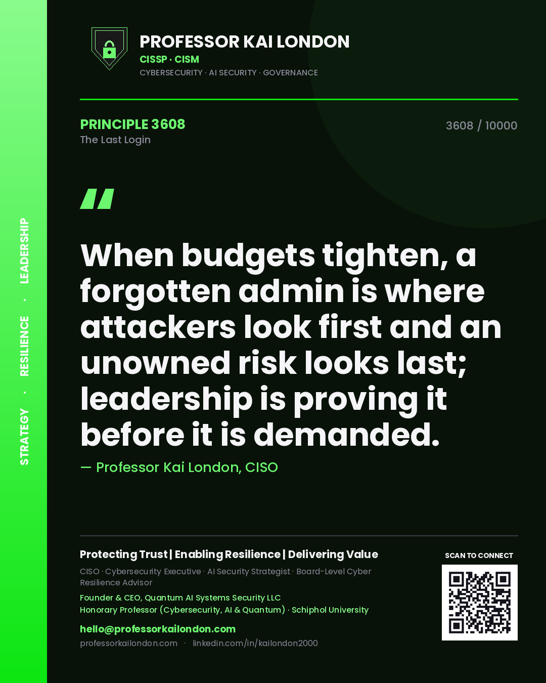 Quote card by Professor Kai London reading 'When budgets tighten, a forgotten admin is where attackers look first and an unowned risk looks last; leadership is proving it before it is demanded.'. From the book The Last Login.