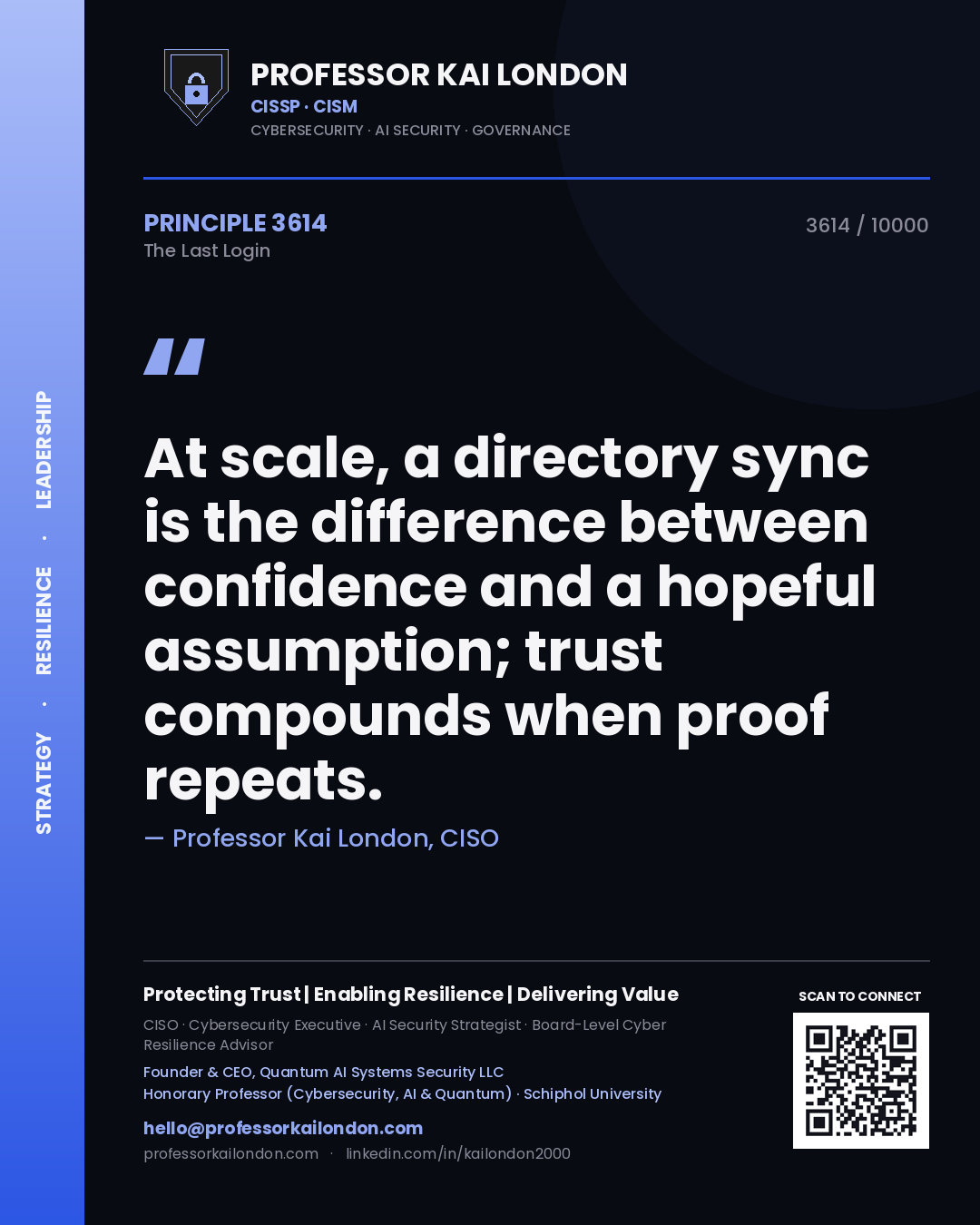 Quote card by Professor Kai London reading 'At scale, a directory sync is the difference between confidence and a hopeful assumption; trust compounds when proof repeats.'. From the book The Last Login.