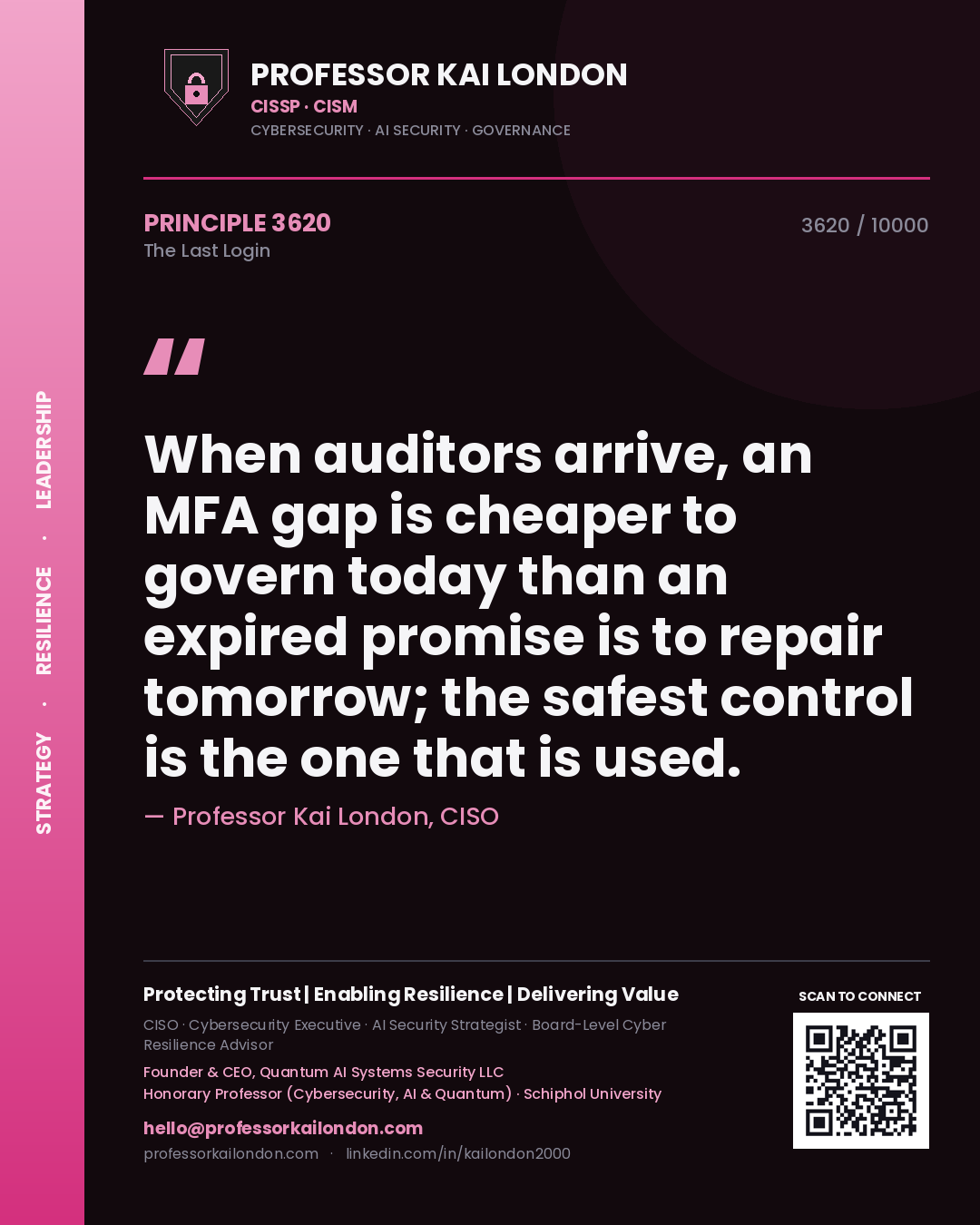 Professor Kai London principle 3620: When auditors arrive, an MFA gap is cheaper to govern today than an expired promise is to repair tomorrow; the safest control is the one that is used.
