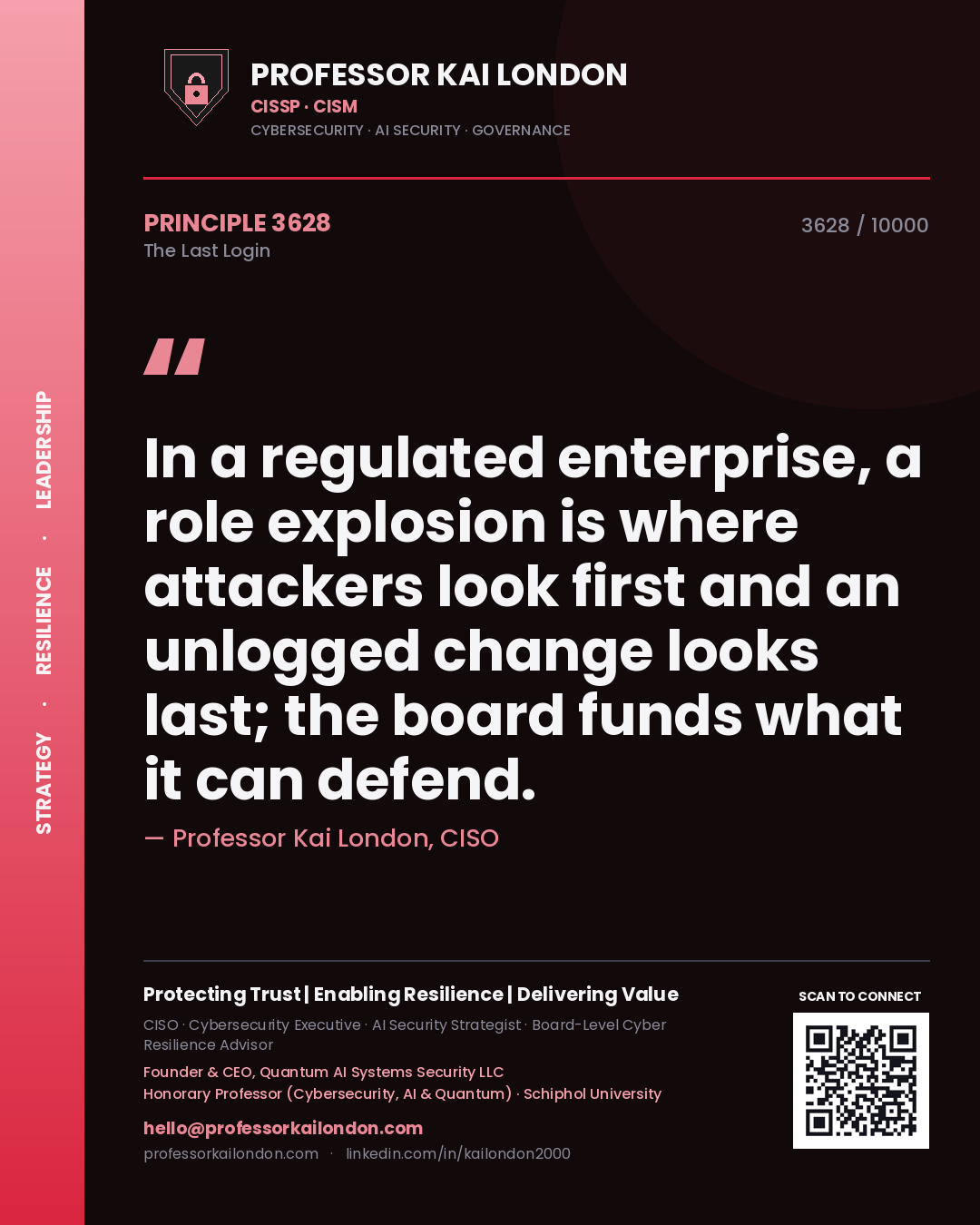 Quote card by Professor Kai London reading 'In a regulated enterprise, a role explosion is where attackers look first and an unlogged change looks last; the board funds what it can defend.'. From the book The Last Login.