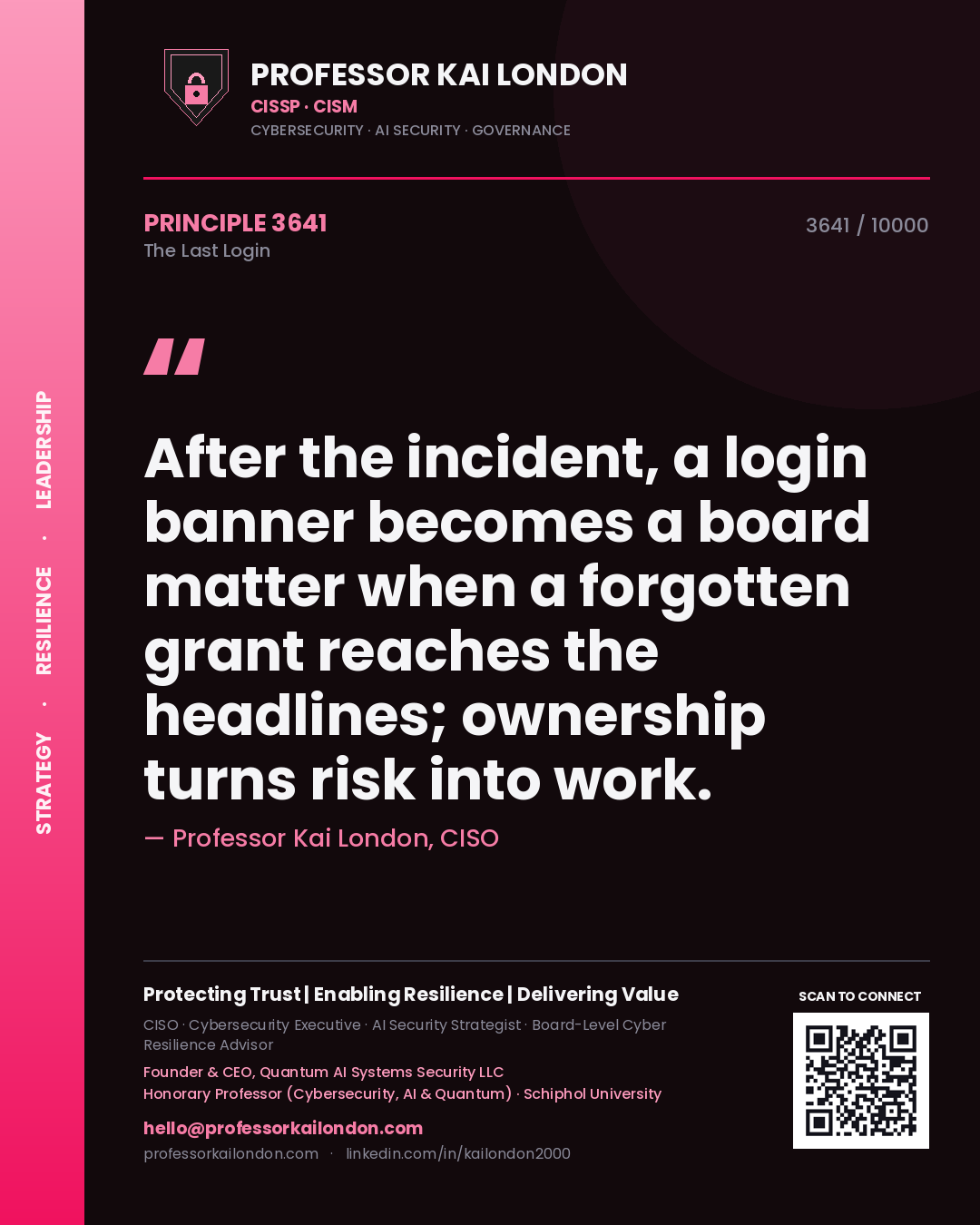 Professor Kai London principle 3641: After the incident, a login banner becomes a board matter when a forgotten grant reaches the headlines; ownership turns risk into work.