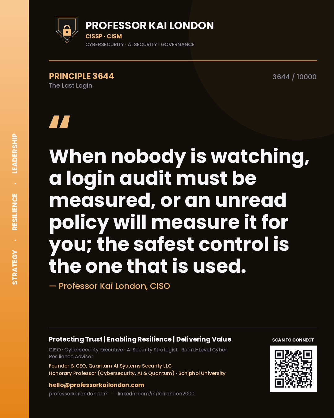 Professor Kai London principle 3644: When nobody is watching, a login audit must be measured, or an unread policy will measure it for you; the safest control is the one that is used.