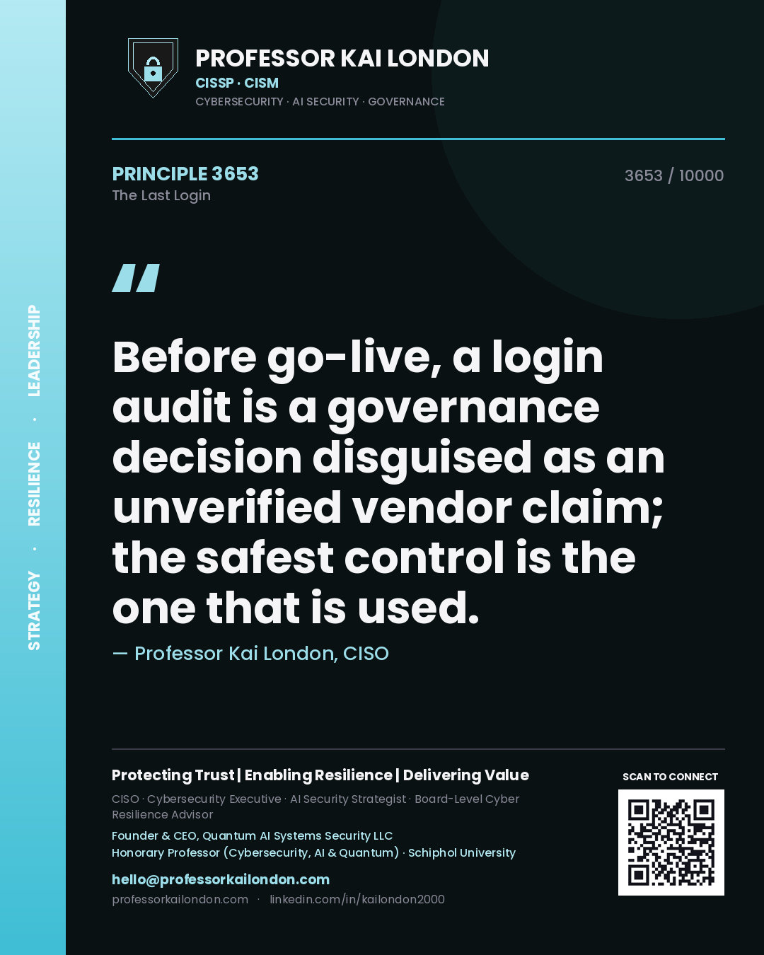 Professor Kai London principle 3653: Before go-live, a login audit is a governance decision disguised as an unverified vendor claim; the safest control is the one that is used.