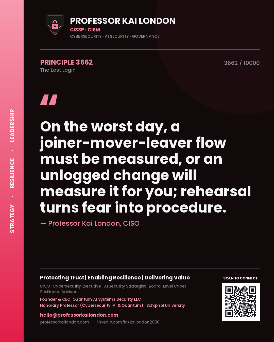 Professor Kai London principle 3662: On the worst day, a joiner-mover-leaver flow must be measured, or an unlogged change will measure it for you; rehearsal turns fear into procedure.