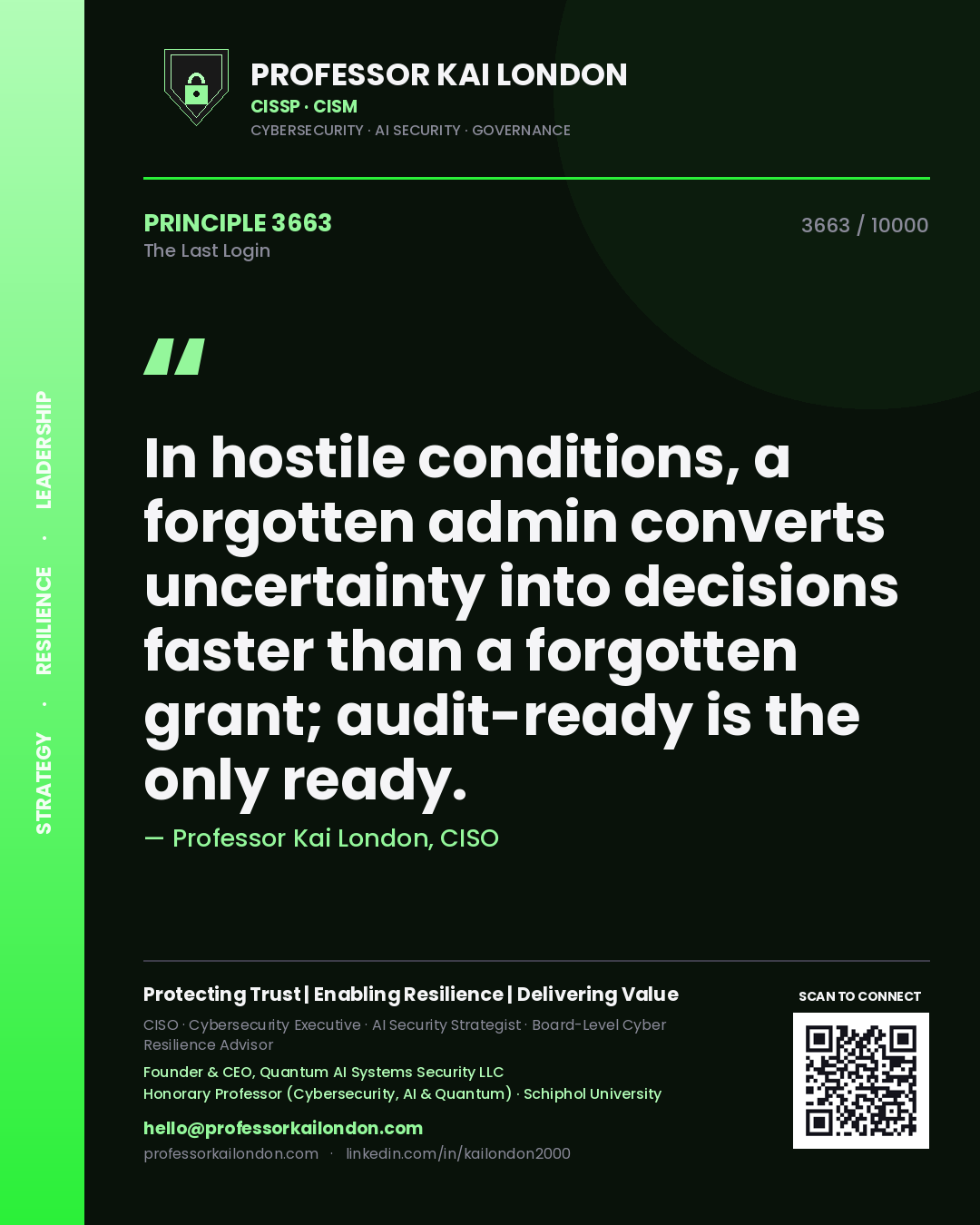 Quote card by Professor Kai London reading 'In hostile conditions, a forgotten admin converts uncertainty into decisions faster than a forgotten grant; audit-ready is the only ready.'. From the book The Last Login.