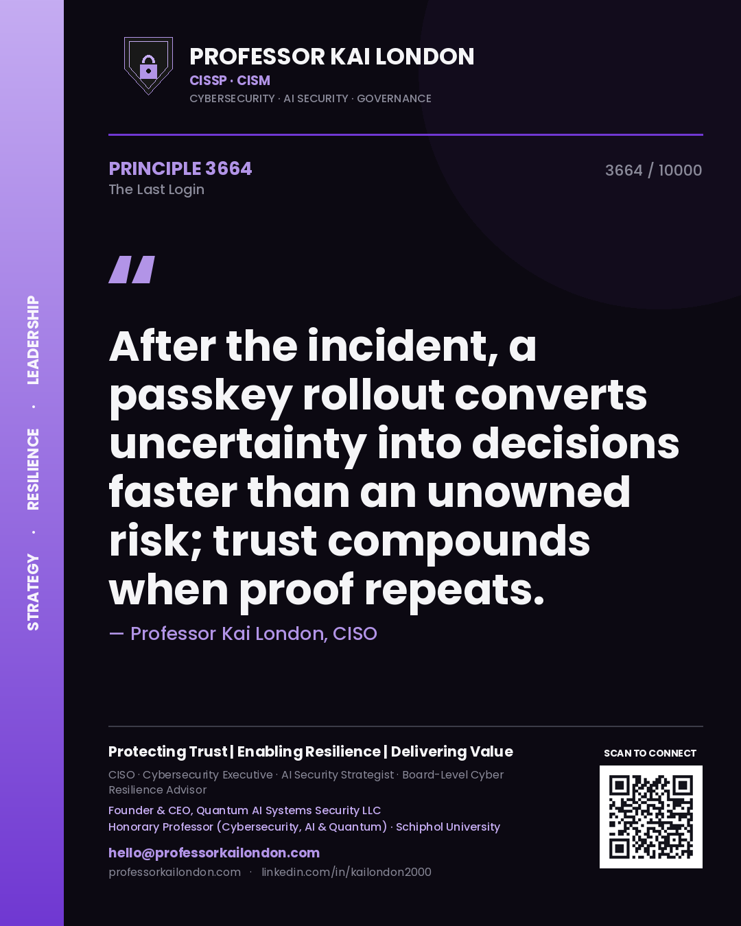 Quote card by Professor Kai London reading 'After the incident, a passkey rollout converts uncertainty into decisions faster than an unowned risk; trust compounds when proof repeats.'. From the book The Last Login.
