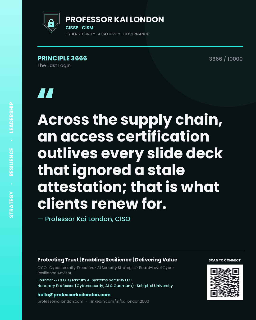 Quote card by Professor Kai London reading 'Across the supply chain, an access certification outlives every slide deck that ignored a stale attestation; that is what clients renew for.'. From the book The Last Login.