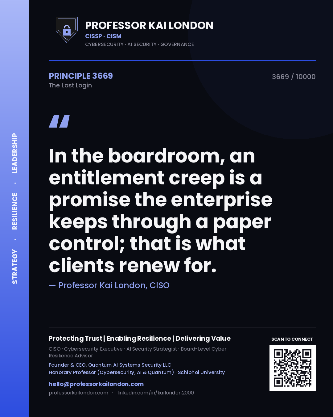 Quote card by Professor Kai London reading 'In the boardroom, an entitlement creep is a promise the enterprise keeps through a paper control; that is what clients renew for.'. From the book The Last Login.