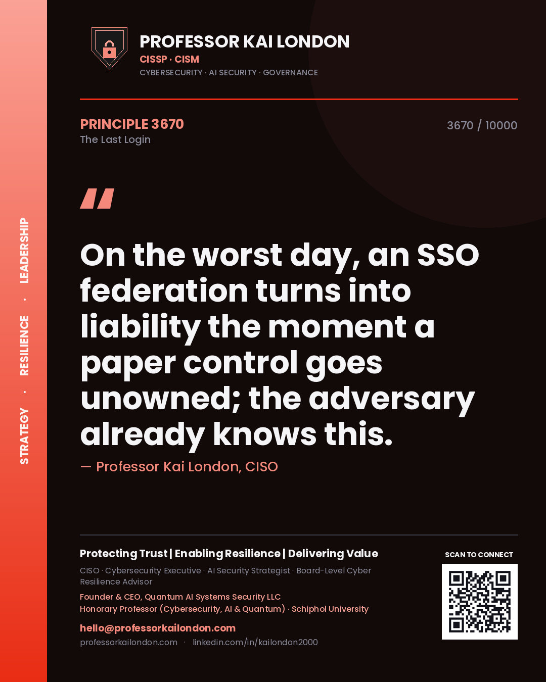 Professor Kai London principle 3670: On the worst day, an SSO federation turns into liability the moment a paper control goes unowned; the adversary already knows this.
