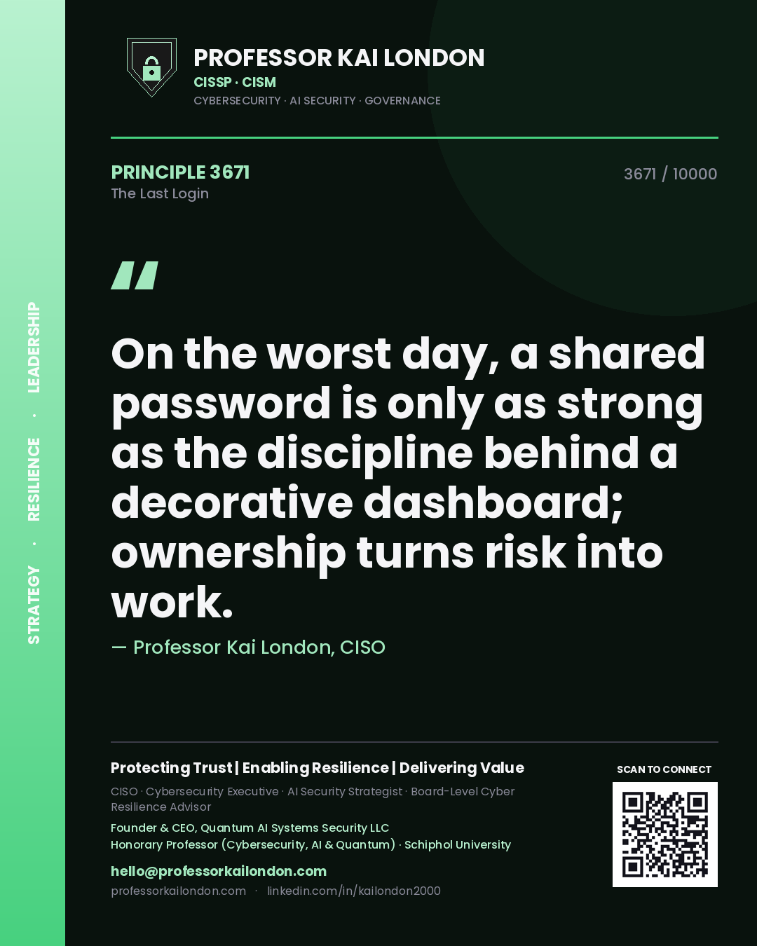 Professor Kai London principle 3671: On the worst day, a shared password is only as strong as the discipline behind a decorative dashboard; ownership turns risk into work.