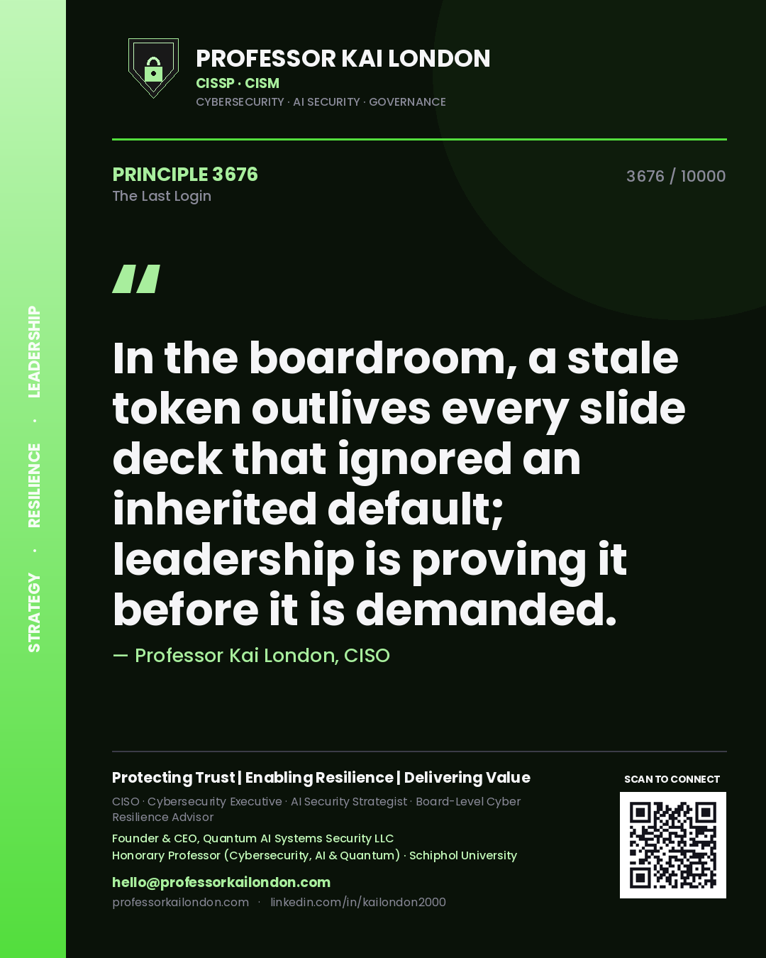 Quote card by Professor Kai London reading 'In the boardroom, a stale token outlives every slide deck that ignored an inherited default; leadership is proving it before it is demanded.'. From the book The Last Login.